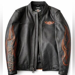 Harley Davidson Leather Jacket XL Black Flame Biker Riding Gear